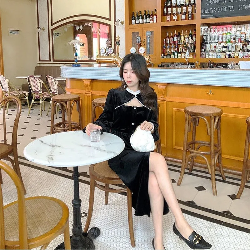 

Vintage Black Dress women casual evening party one piece dress korean 2021 Spring slim long sleeve sexy Button dress female