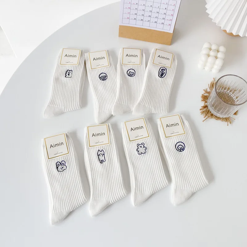 

Spring And Summer Women'S Socks Cute Cartoon Embroidery White Socks Korean Jk Cotton Socks Striped Japanese Pile Socks Girls