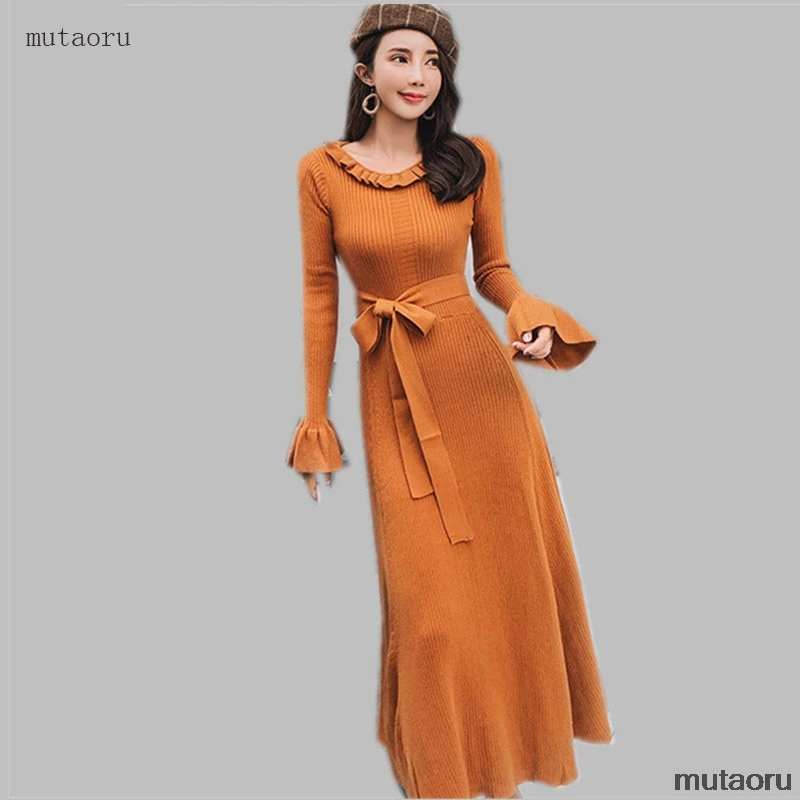2019 осеннее и зимнее элегантное однотонное длинное платье-свитер для женщин с