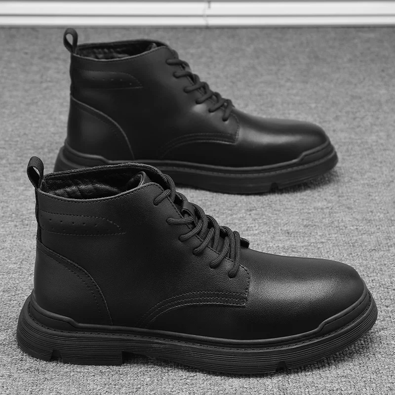 

Теплые мужские кожаные повседневные ботинки, мужские ботинки на шнуровке с круглым носком, для улицы, для зимы