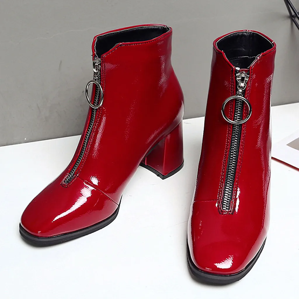 Women Ankle Boots Bright Leather Ring Zipper Female High Heel Shoes Square with Ladies Fashion British Wind Plus Size | Обувь