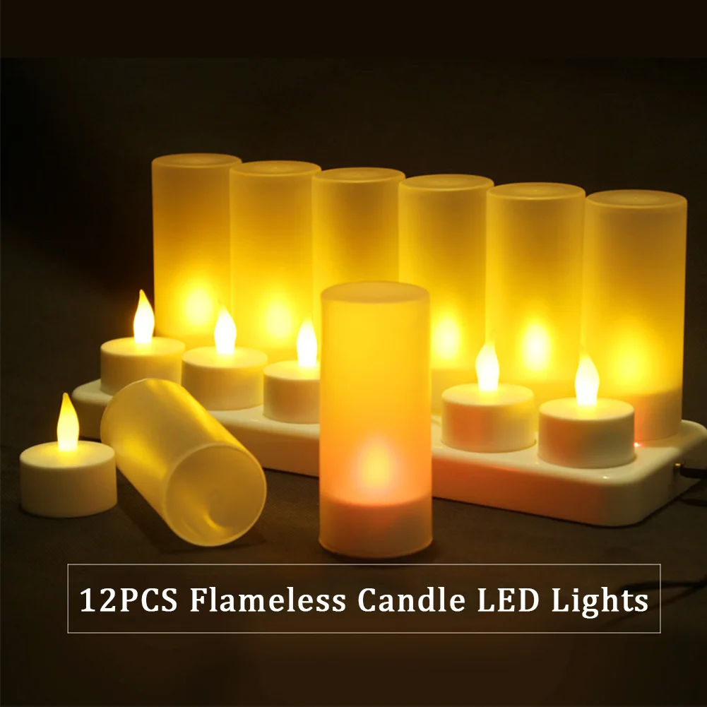 

12pcs Wedding Flickering LED Tea Lights Flameless Candle Simulation Decorative Birthday Party Electric Rechargeable Base Home