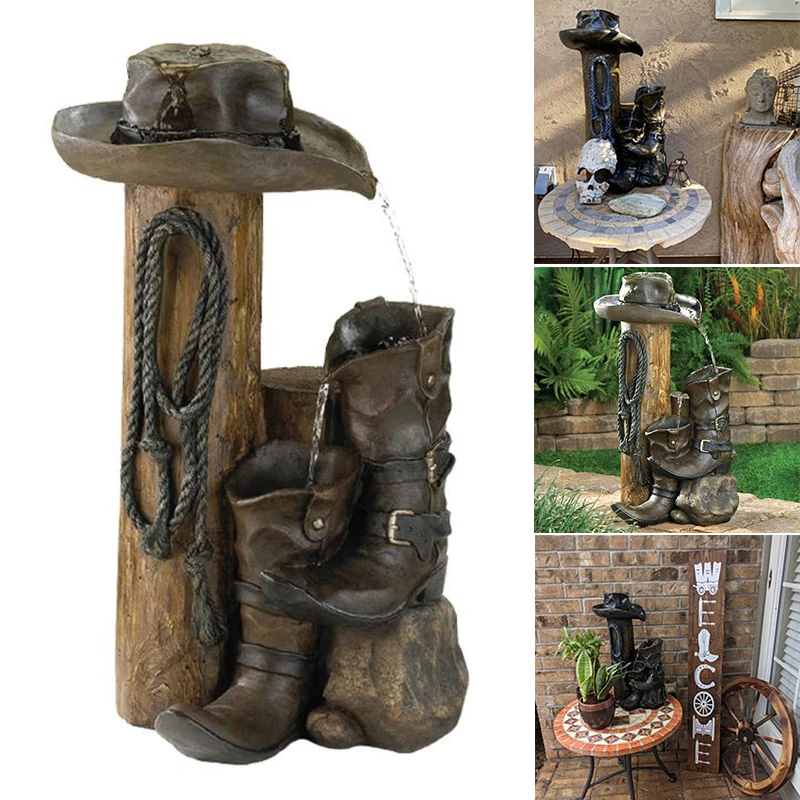 

Wild Western Water Fountain Resin Hat and Boot Sculpture Outdoor Statue Rustic Yard & Garden Waterfall Decoration M56