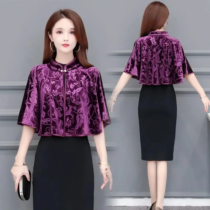 

Autumn Women Shawl Gold Velvet Black Cape Tops Vintage Fashion Poncho Mujer Printed Blue Cloak Elegant Cardigan Manteau Femme