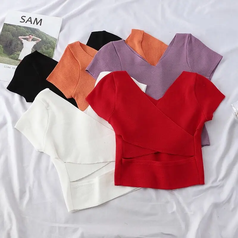 

Women Knitting T-shirts Crop Tops Female Backless Sexy Tops Ladies Cotton Tees Solid Short Sleeve T-shirt Women 2020 Summer y2k