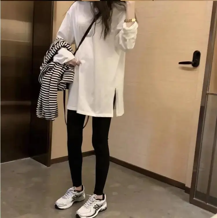 

100% Cotton Long-Sleeve T-Shirt Women's 2021 Early Spring Trend New Loose Split Mid-Length Blouse Round Neck Bottoming Shirt