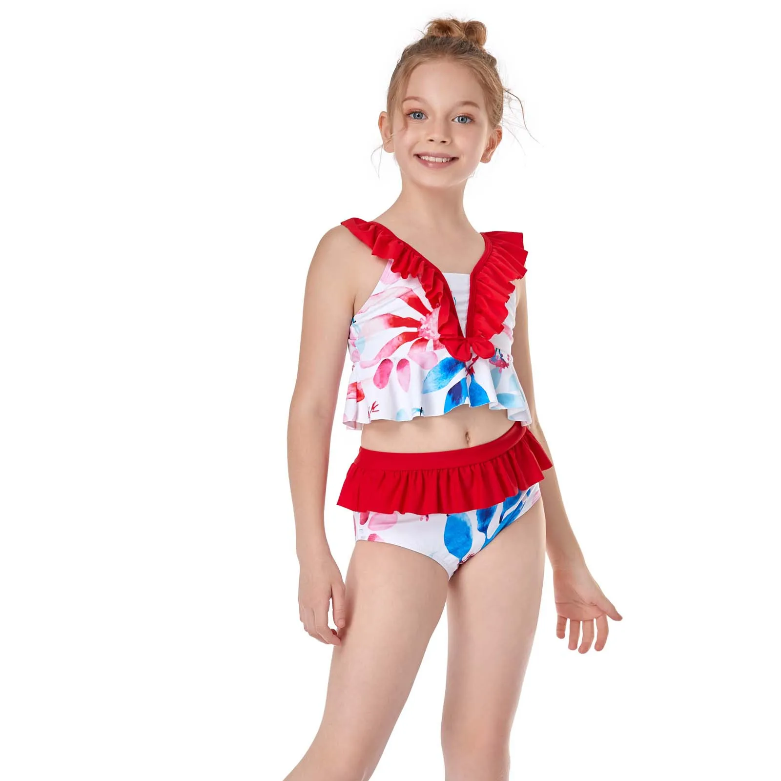 

Toddler girl swim suit Kids Bathing suit girls Summer Ruffled High Waist Bikini Print Split Swimsuit maillot de bain fille E1
