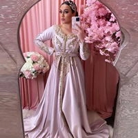 pink moroccan caftan evening dress a line v neck summer dress with applique muslim dubai formal prom dress plus size custom made