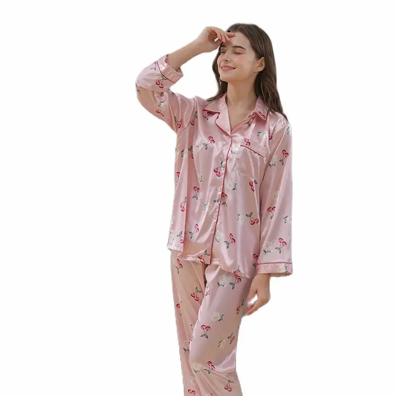 

Женская домашняя одежда с длинными рукавами и принтом из ледяного шелка; Новинка; Сезон весна-лето; Шелковая свободная Пижама; Размеры