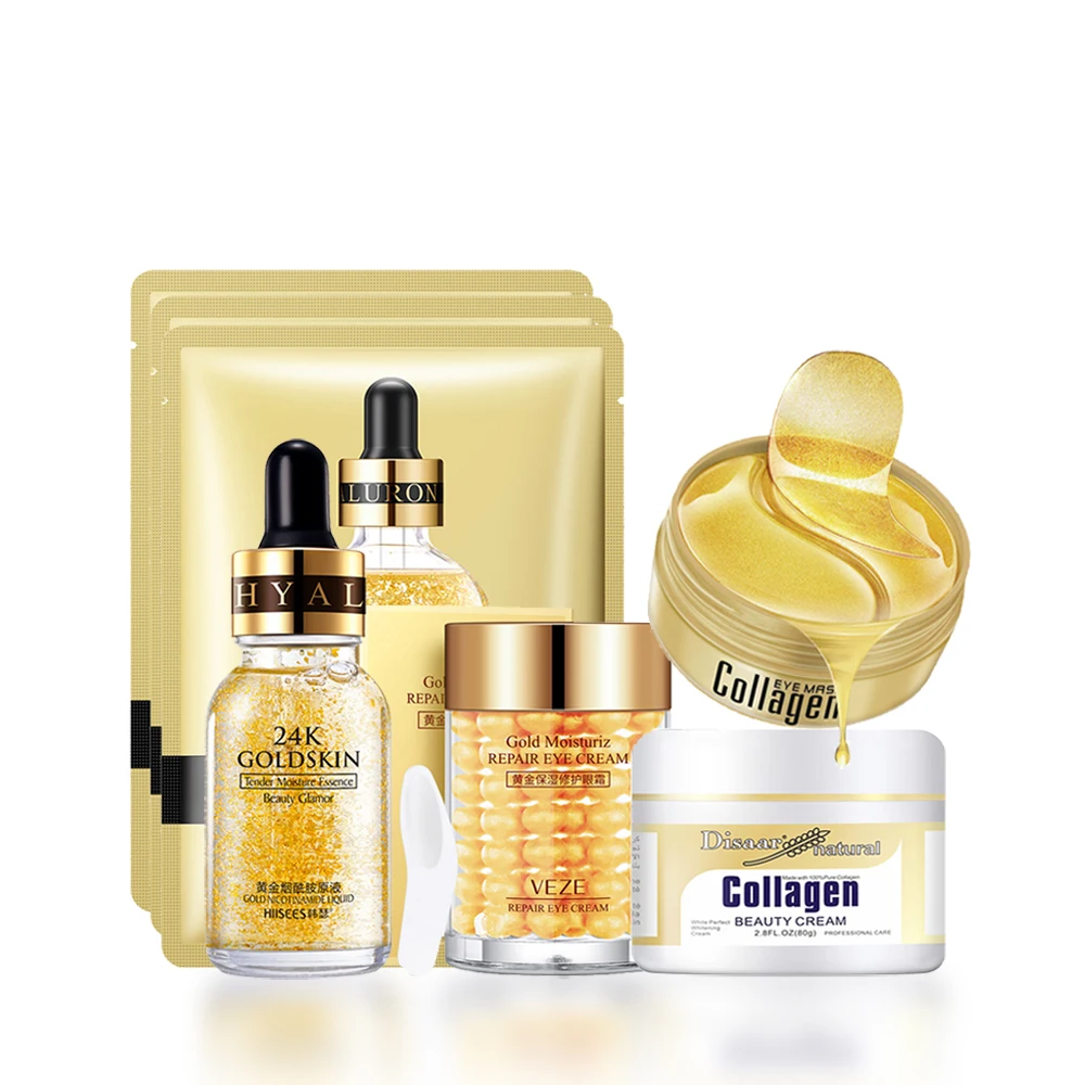 

Уход за лицом, сыворотка с 24-каратным золотом, коллагеновый увлажняющий крем, восстанавливающая маска против морщин и темных кругов, Осветл...