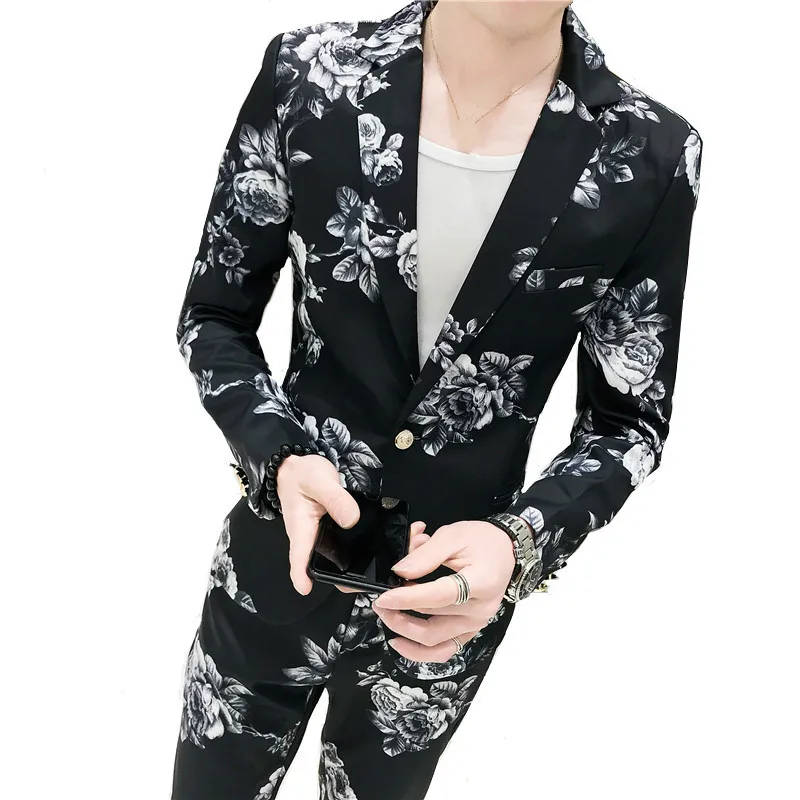 

Костюм мужской из блейзера и брюк, Модный облегающий пиджак с цветочным принтом в британском стиле, деловой повседневный комплект из 2 предм...
