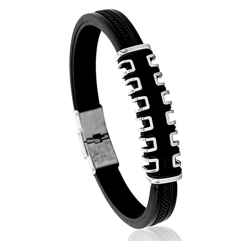 

Allergy Free Silicone Bracelet Bangle for Men Stainless Steel Charm Braclet Korean Fashion Hip Hop Mens Bracelet Accessories