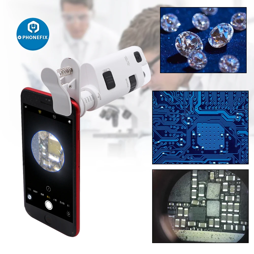 

Phone Microscope 120X-190X LED Jewelry Magnifying Glass Focusing Adjusted Pocket Microscope with Cell Phone Clip UV Light