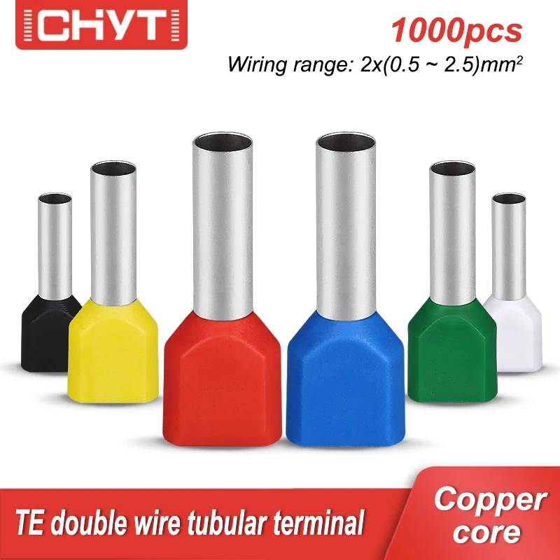 

1000pcs/Pack TE0508 TE7508 TE1008 TE1508 TE2508 Insulated Copper Cord Double Wire Connector Tube Type Tubular Terminal