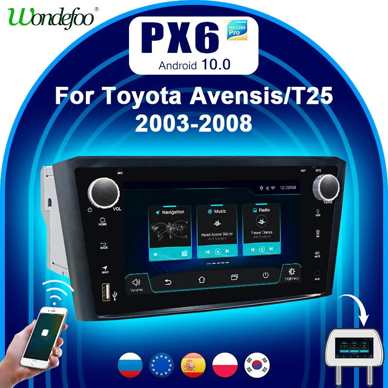 автомагнитола 2дин андройд 10 с экраном магнитола PX6 для Toyota Avensis T25 2002 2008