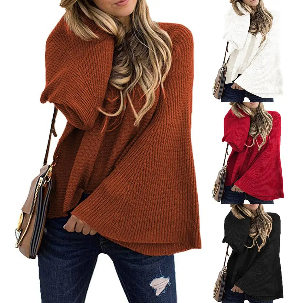 

Women Autumn Winter Long Flared Sleeve O Neck Solid Color Loose Knitwear Sweater fashion autumn winter clothing causal sweater