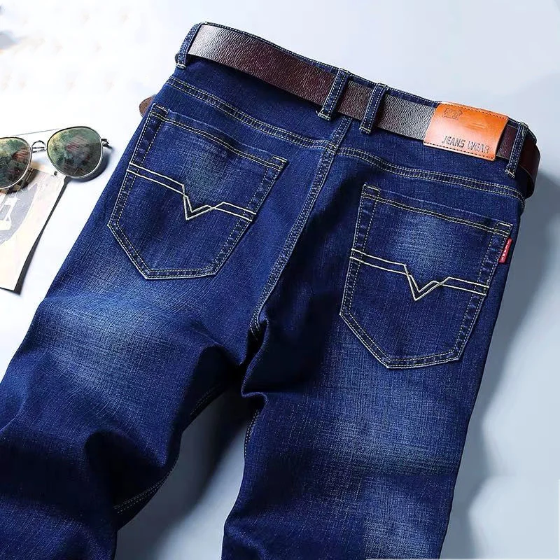 

Jeans men 2020 autumn winter thick straight slim fit stretch business casual loose plus size long pants male denim Trousers