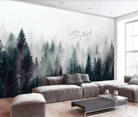 custom mural wallpaper 3d modern fresh foggy forest cloudy birds nordic bedroom living room tv background wall