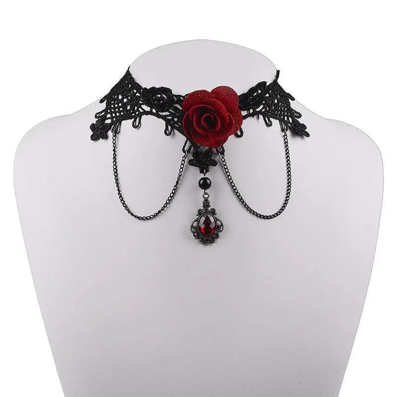 Винтажное ожерелье с красной розой модное черное кружевное большим красным