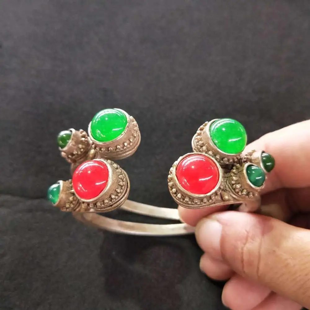 Античный красный и зеленый рубиновый нефритовый двойной дракон тибетский