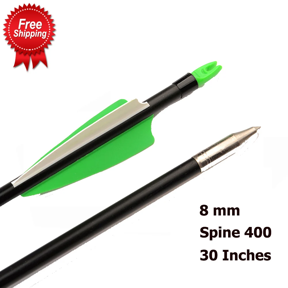 Стрелы из стеклопластика 400 30 дюймов 8 мм с 2 зелеными и 1 белыми перьями для