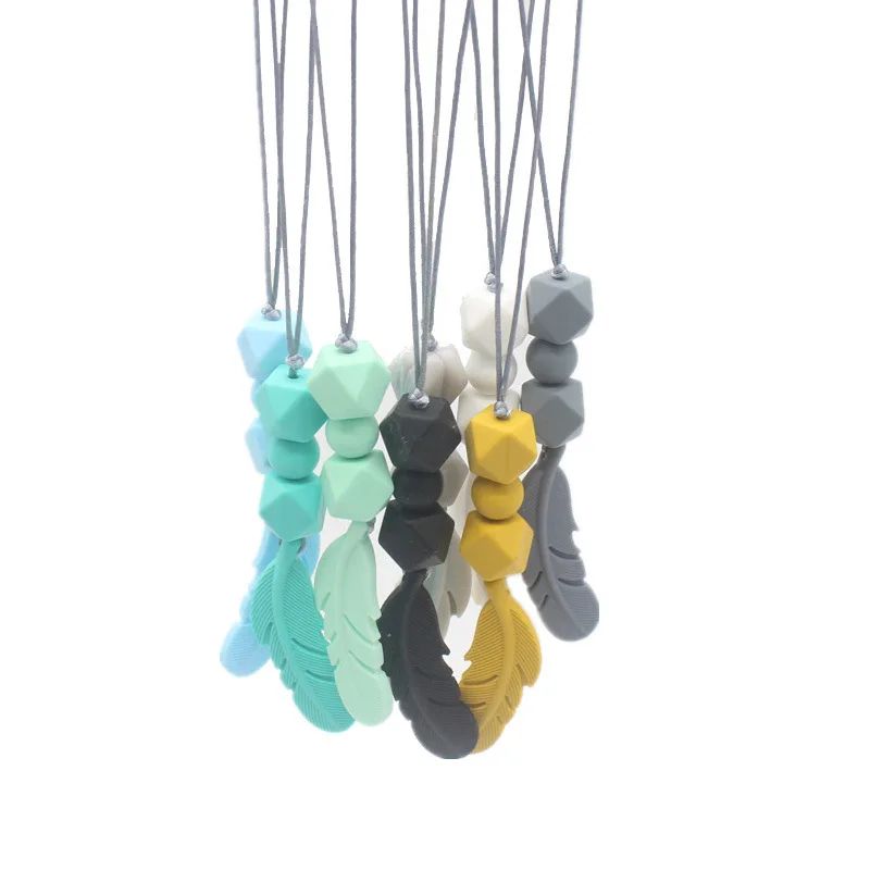 Collar de dentici&oacute;n de cuentas de silicona para beb&eacute;, joyer&iacute;a de grado alimenticio para mam&aacute;, colgante de pluma masticable, 1 pieza, gran oferta-0