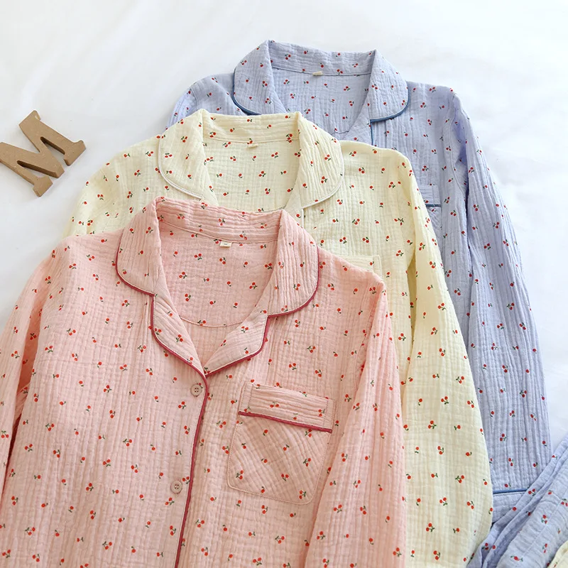 

100% Cotton Women Pajamas Suits Cherry Printed Long Sleeve V-Neck Sleepwear+Trousers Two-piece Comfortable Lounge Home Clothes