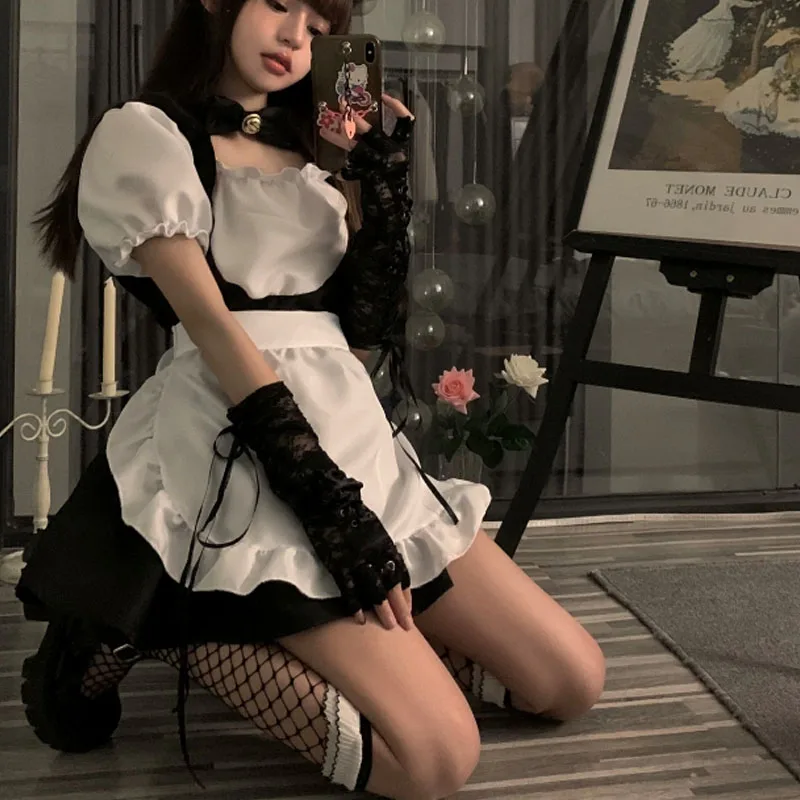 

Summer Gothic Lolita Dress Anime Maid Cosplay Costume Girls Sexy Harajuku Style Kawaii Elegant Short Puff Sleeve Women'S Outfits