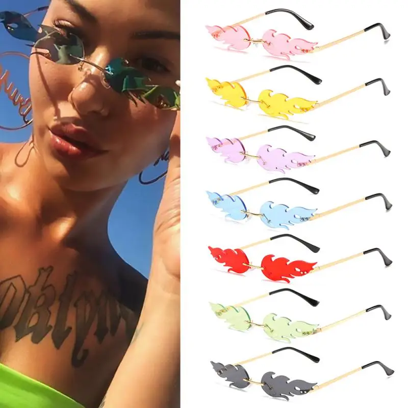 

2020 Luxury Fashion Fire Flame Sunglasses Women Men Rimless Wave Sun Glasses Metal Shades For Vintage Eyewear UV400 Bike Glasses