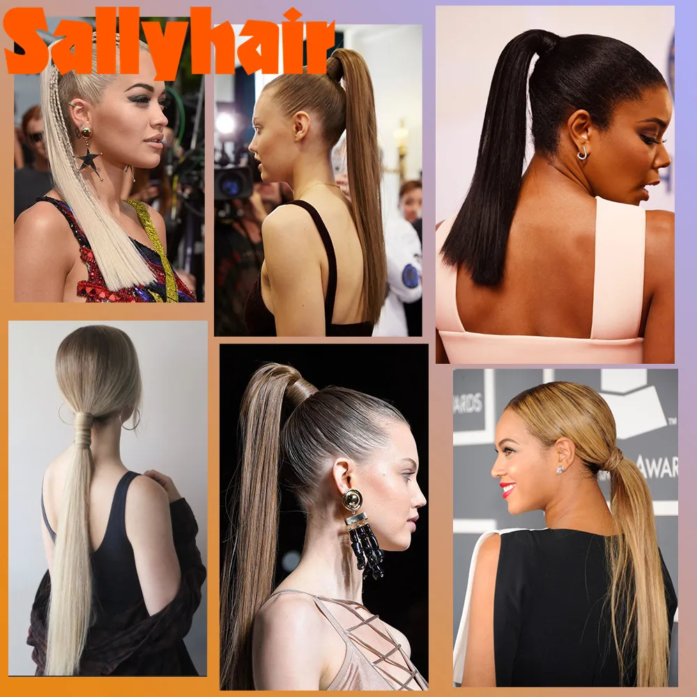 

Sallyhair 22Inches Long Straight Wrap Velcro Clip In Ponytail Hair Extension Heat Resistant Synthetic Pony Tail Fake Hair