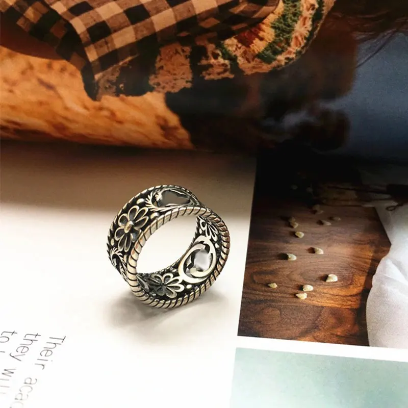 

925sterling Silver Hollow Out Flower G Couples Retro Men And Women Ring Jewelry Personality Tide Hip Hop Party Luxury Brand Gift