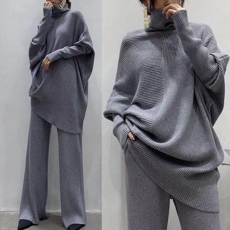

Winter Thicken Warm Women Sweater Set Turtleneck Irregular Pullovers & Wide Leg Knitted Pants 2021 Autumn Winter