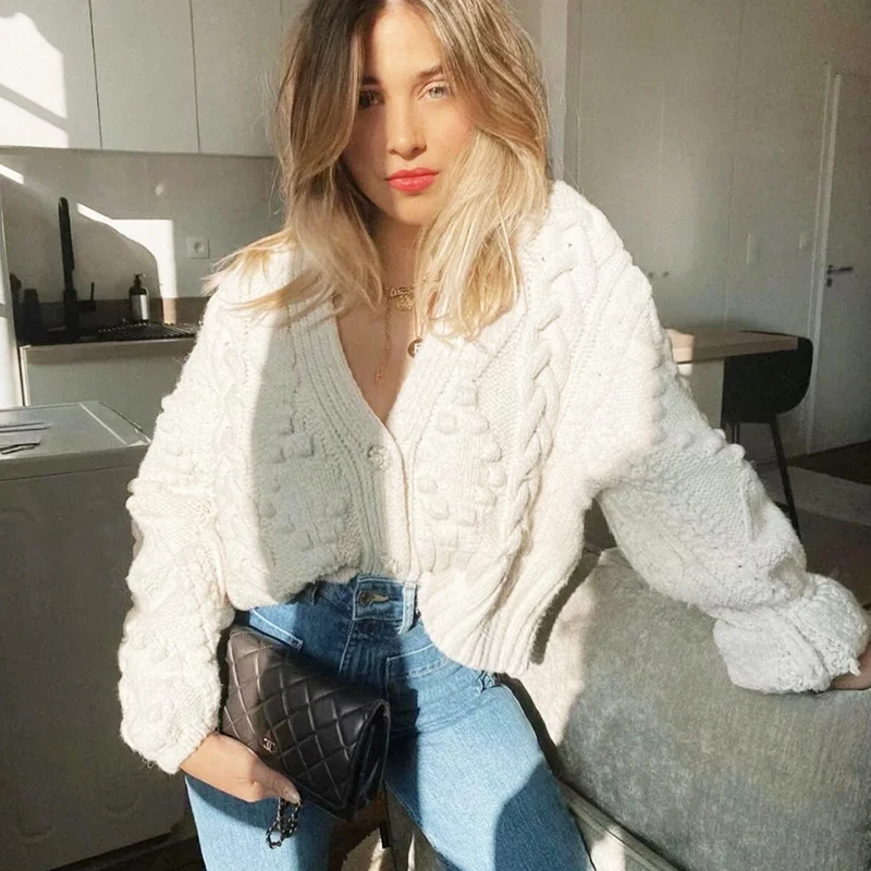 

Foridol Twist Pompom Oversized Sweater Cardigans Women Button Casual Loose Vintage Short Cardigan Batwing Sleeve Winter 2021