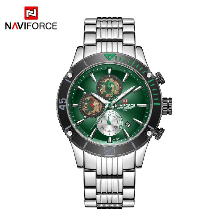 SILVER GREEN Роскошные брендовые кварцевые часы NAVIFORCE, водонепроницаемые модные спортивные часы с хронографом, ремешок из нержавеющей стали, военные армейские наручные часы - Цвет: SILVER GREEN