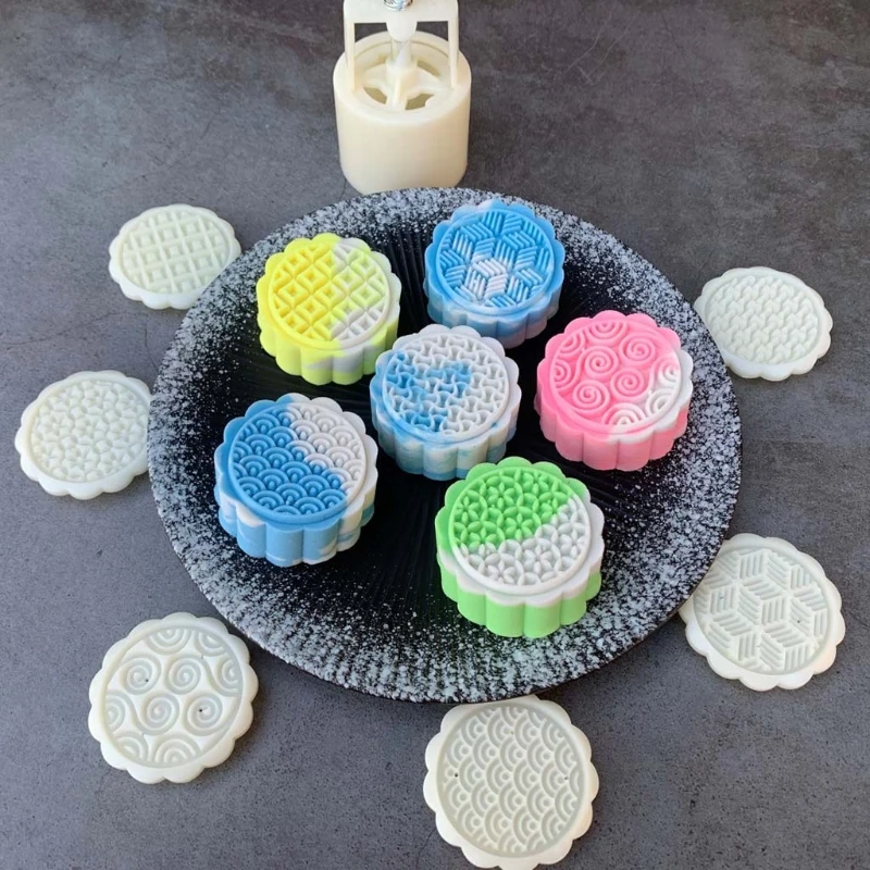 

P15F 63g Mooncake Mold with 6 Geometric Line Stamps Cookie Cutter Hand Press Green Bean Cake Pastry Mould DIY Bakeware Festival