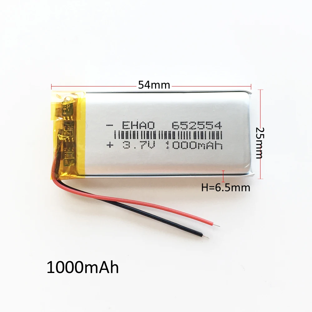 

10 pcs 652554 3.7V 1000mAh lipo polymer lithium rechargeable battery for GPS DVD bluetooth recorder camera LED light watch