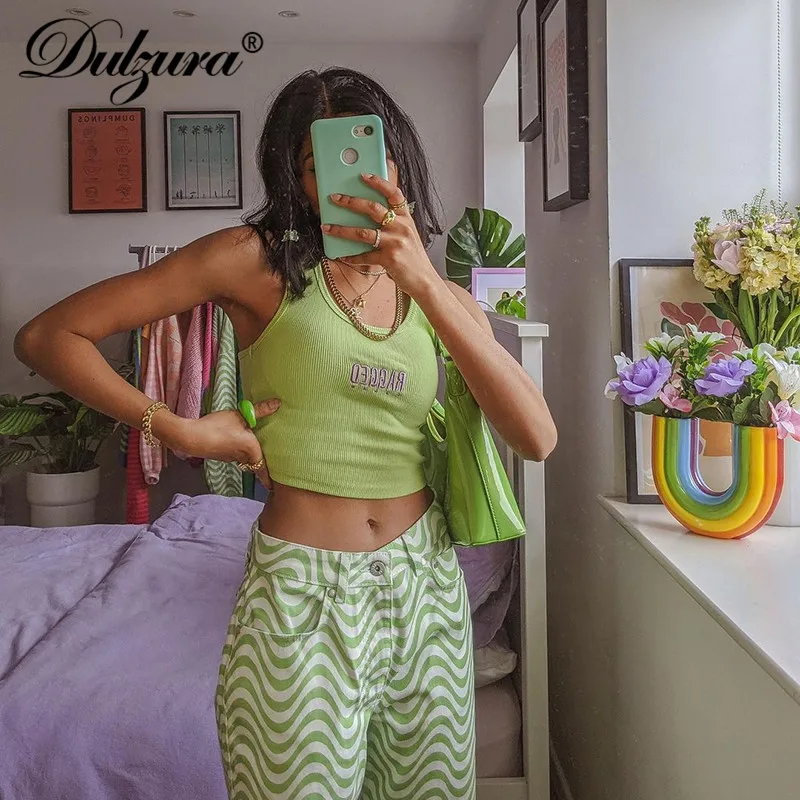 

Dulzura Ripple Print Women High Waist Wide Leg Pants Jeans Loose Streetwear Casual Fashion 2021 Summer Clothes Bottoms Trousers