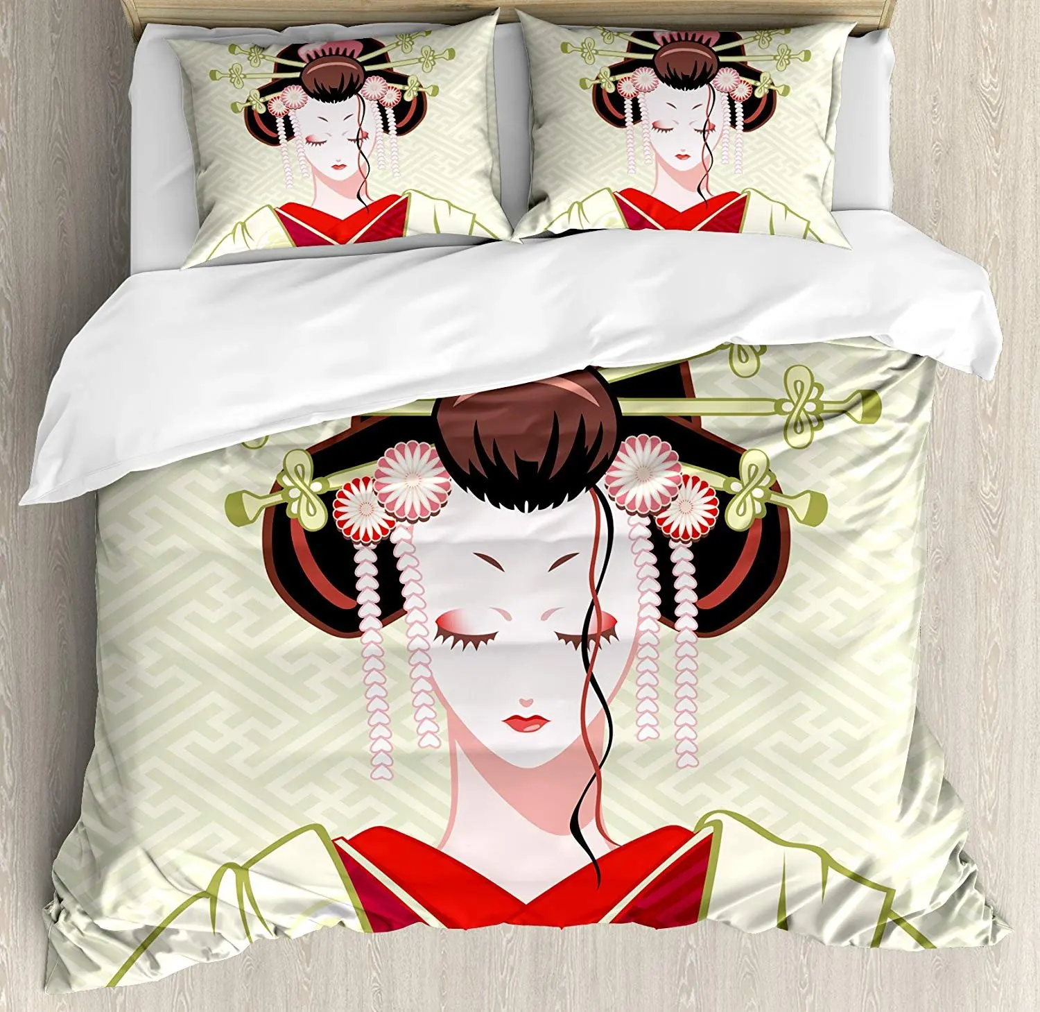 

Japanese Bedding Set Geisha Woman Portrait Traditional Asian Kimono Maiko Cultural Hairdo Duvet Cover Set Pillowcase for Home