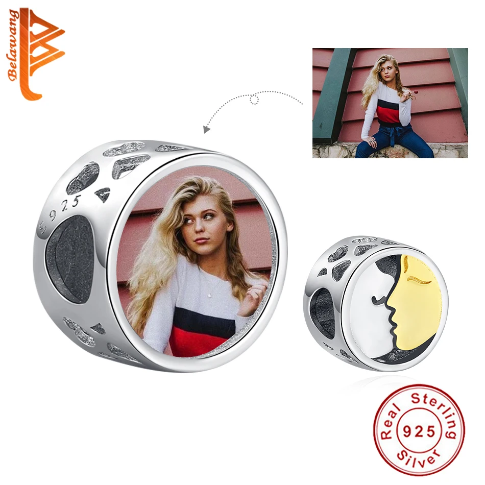 

BELAWANG 100% 925 Sterling Silver Round Lover Kiss Beads For DIY Custom Photo Romantic Dangle Charm Fit Original Bracelet