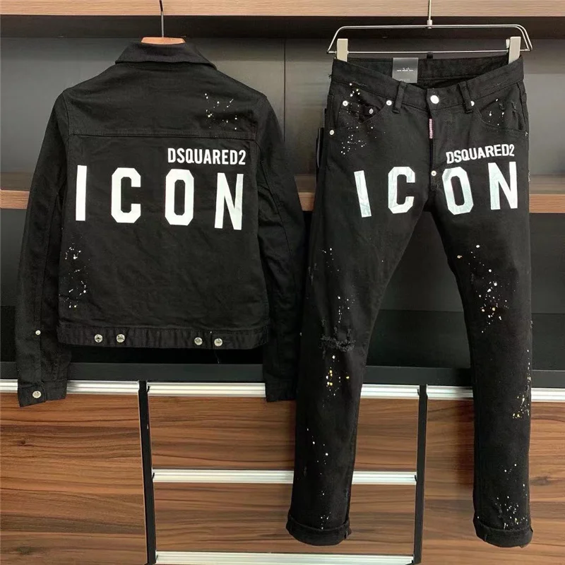 

2021 European and American fall/winter DSQ new denim jacket ICON men's Dsquared2 slim spray paint jacket D2 suit
