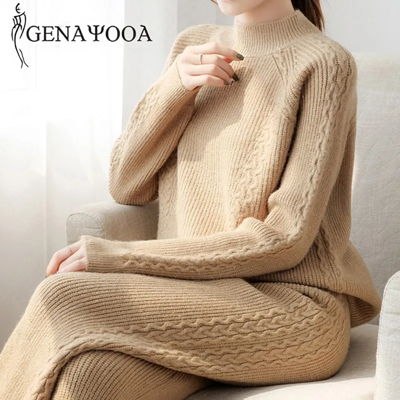 

Genayooa 2020 Winter 2 Piece Set Women Outfit Casual Two Piece Set Top And Pants Cashmere Knit Tracksuit Streetwear Sweat Suits