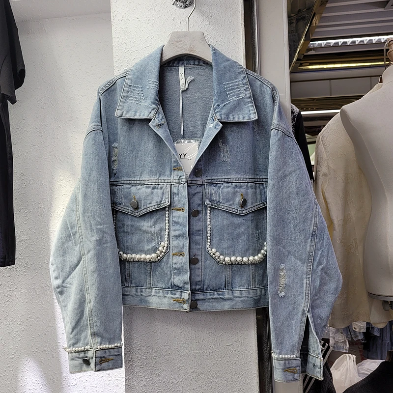

Jeans Jacket for Women 2021 Autumn New Heavy Industry Beads Loose Cardigan Top Jackets Ripped Vintage Woman Denim Coat Outwear