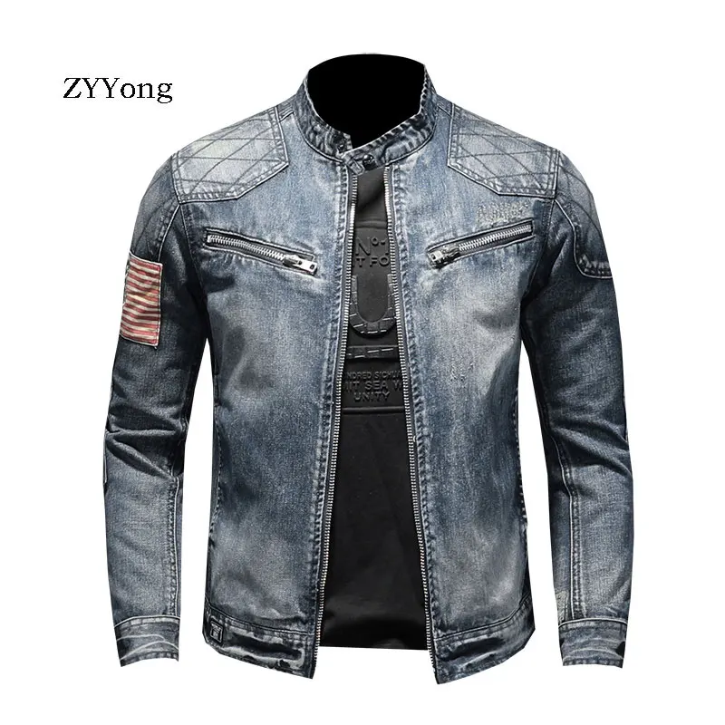 ZYYong European and American Men's plus Velvet Thick Denim Cotton Jacket Men's Jacket Casual Stand Collar Motorcycle Denim Jacke
