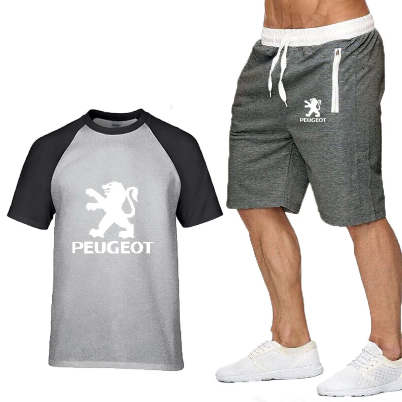 

Fashion Summer sleeve Men Crew neck T Shirts peugeot Car Logo Print Casual Cotton Men's T-shirt + shorts 2pcs suit