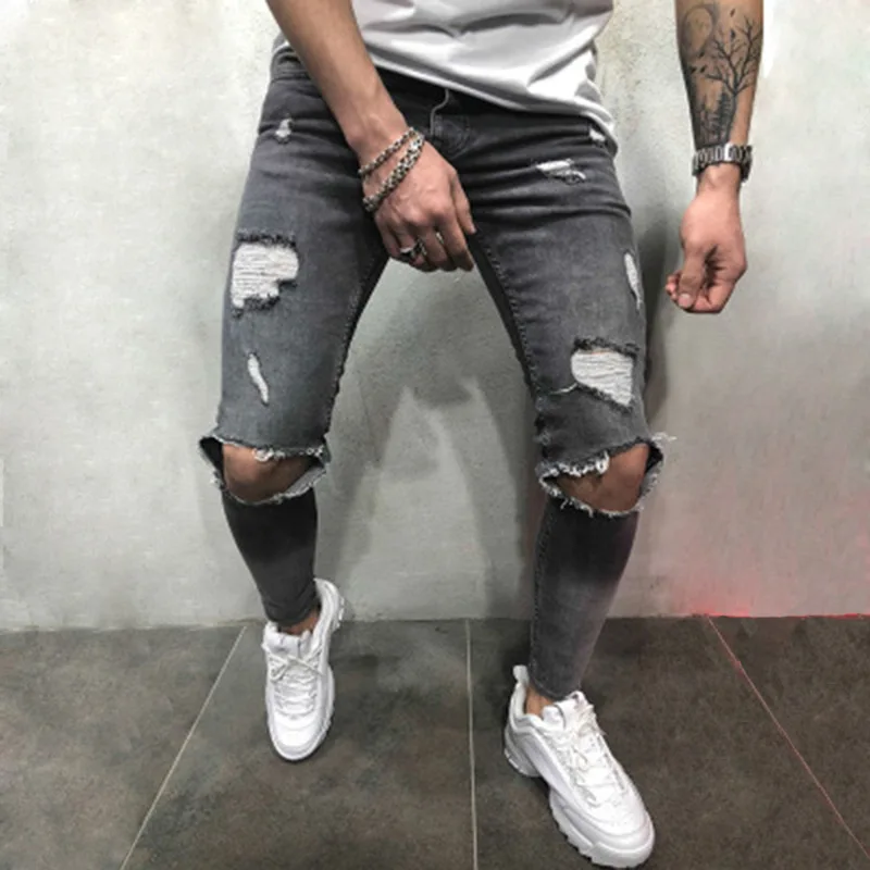

2019 Streetwear Men's Jeans Retro Pants Knee Hole Slim Tide Male Hiphop Ripped Personality Comformale Denim Trousers