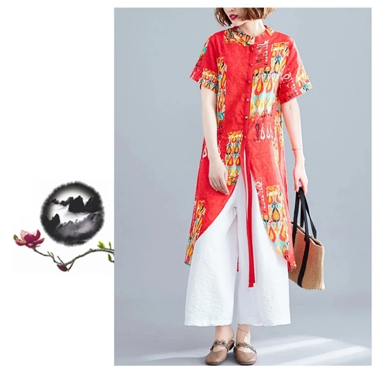 Брюки из двух предметов хлопковая льняная куртка с принтом большого размера