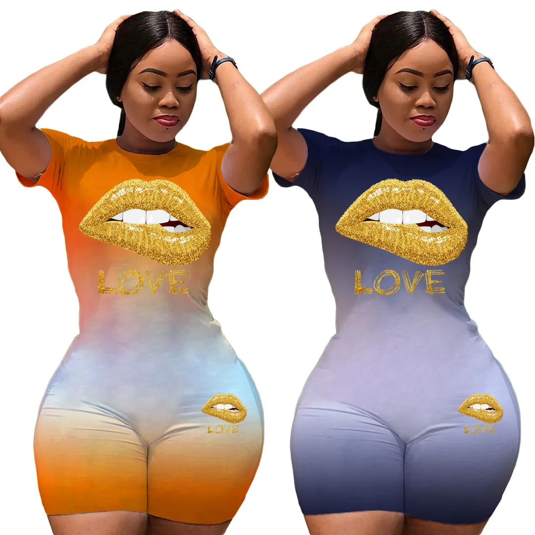 

European and American summer jumpsuit, home sportswear, fashion personality, gradient printing LOVE jumpsuit jumpsuit bodycon