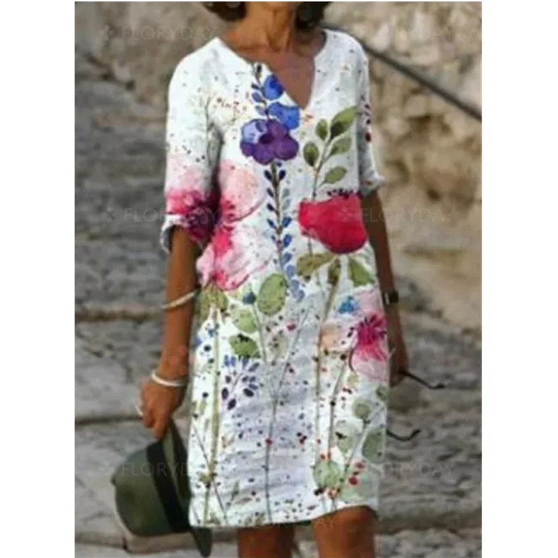 

dresses summer woman 2021 Plus Size Loose Casual Printed V neck Floral print summer Half sleeve dress
