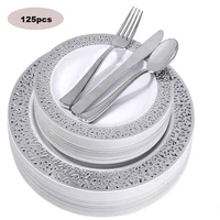 25 guest silver plastic plates with disposable plastic silverware lace design plastic tableware for wedding party and holidays