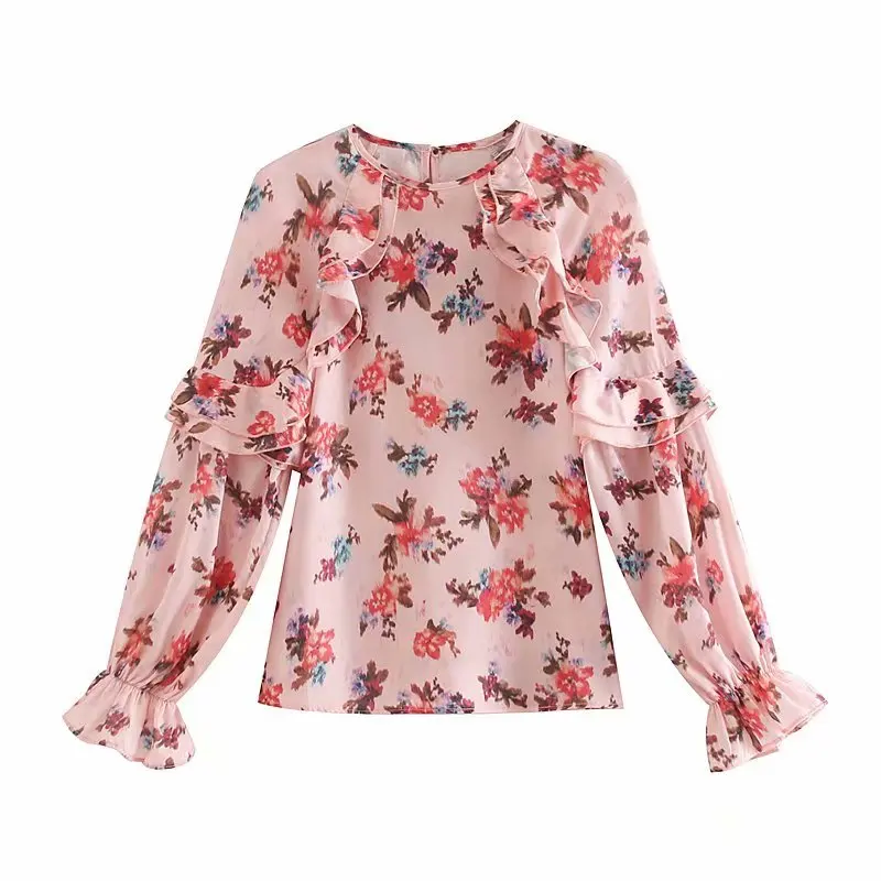 Женская рубашка ZA розовая с цветочным принтом длинным рукавом и о вырезом| |